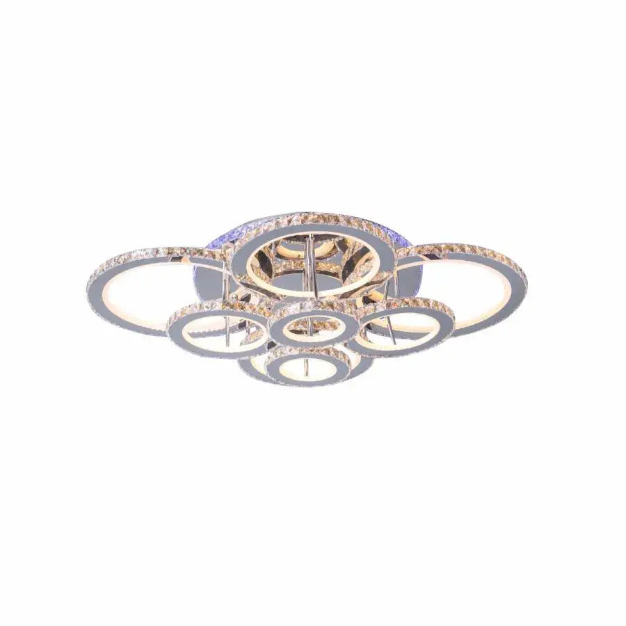 Lustre LED avec télécommande et cristal LIA RGB 182W, 8 Cercles, Lumière Froide/Chaude/Neutre, Dimmable, Chrome Blanc Brillant