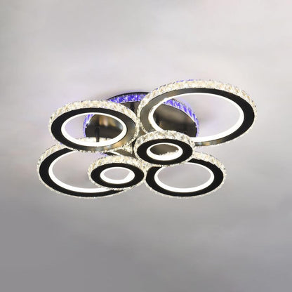 Lustre LED avec télécommande et cristal NOVA ROTONDA RGB 145W, 6 Cercles, Lumière Froide/Chaude/Neutre, Dimmable, Noir