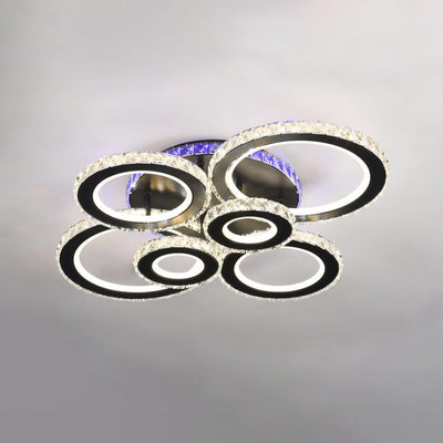 Lustre LED avec télécommande et cristal NOVA ROTONDA RGB 145W, 6 Cercles, Lumière Froide/Chaude/Neutre, Dimmable, Noir