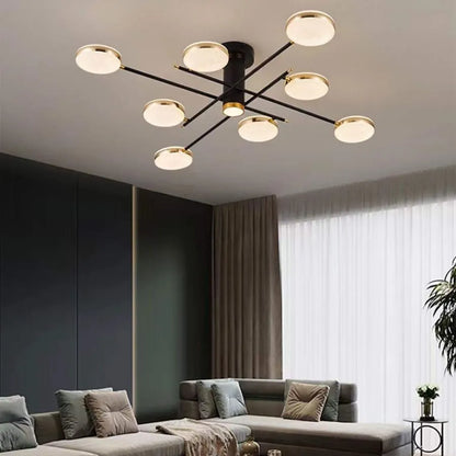 Lustre LED avec télécommande et cristal MISEL 154W, 9 éléments, Lumière Froide/Chaude/Neutre, Dimmable, Noir Or