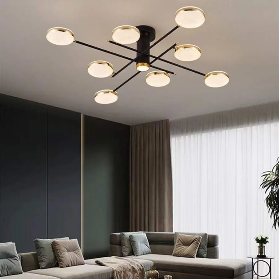 Lustre LED avec télécommande et cristal MISEL 154W, 9 éléments, Lumière Froide/Chaude/Neutre, Dimmable, Noir Or