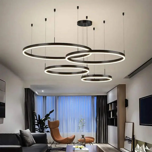 Lustre LED suspendu avec télécommande ADELAIDA 226W, 4 Cercles, Lumière Froid/Chaud/Neutre, Dimmable, Noir, Hauteur Réglable