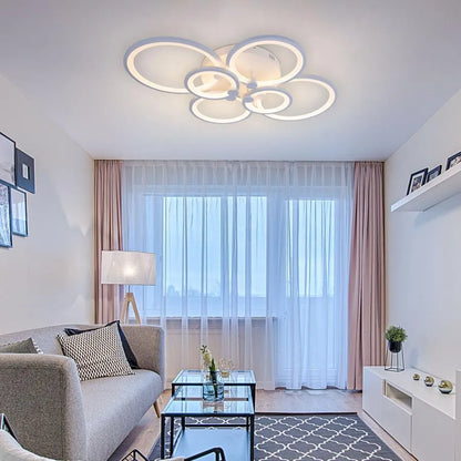 Lustre LED avec télécommande ALANI 168W, 6 Cercles, Lumière Froide/Chaude/Neutre, Dimmable, Blanc