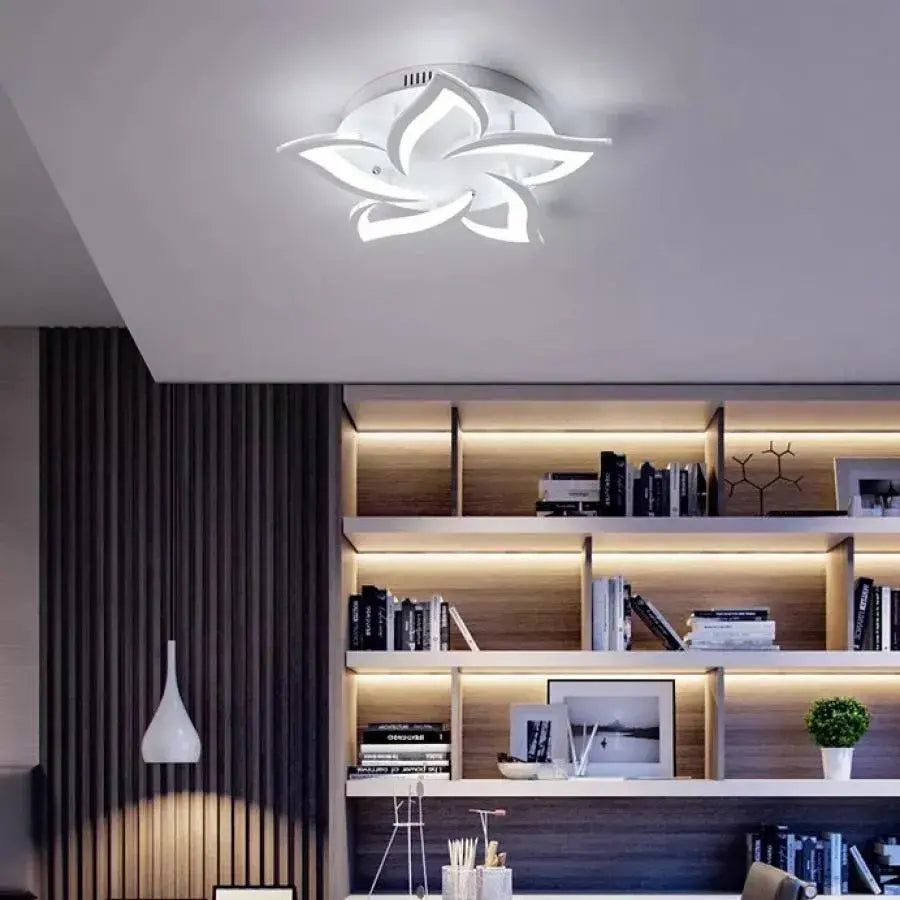 Lustre LED avec télécommande LOTUS 54W, 5 pétales, Lumière Froide/Chaude/Neutre, Dimmable, Blanc