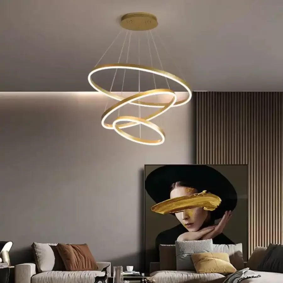 Lustre LED suspendu avec télécommande ELIZABETH, 85W, 3 Cercles, Lumière Froid/Chaud/Neutre, Dimmable, Or Brillant, Hauteur Réglable