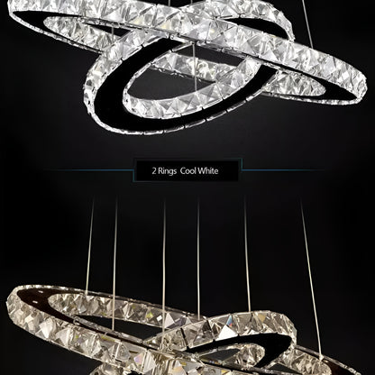 Lustre LED avec télécommande et cristal PRISM LUMINIS 55W, 2 Cercles, Lumière Froide/Chaude/Neutre, Dimmable, Argent, Hauteur Réglable