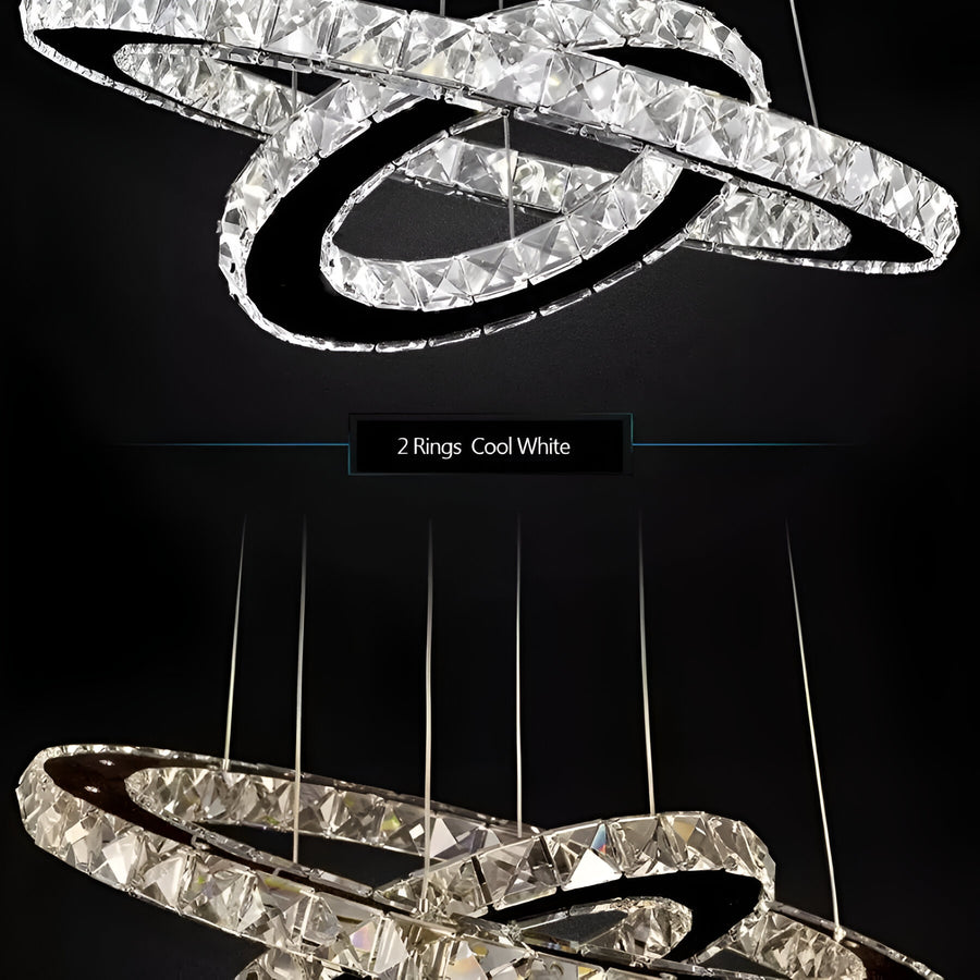 Lustre LED avec télécommande et cristal PRISM LUMINIS 55W, 2 Cercles, Lumière Froide/Chaude/Neutre, Dimmable, Argent, Hauteur Réglable