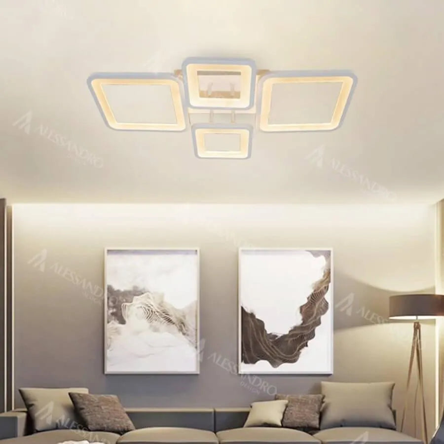 Lustre LED avec télécommande ELLA 67W, 4 carrés, Lumière Froide/Chaude/Neutre, Dimmable, Blanc