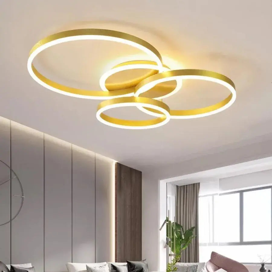 Lustre LED avec télécommande LYRA 100W, 3 Cercles, Lumière Froide/Chaude/Neutre, Dimmable, Or Brossé