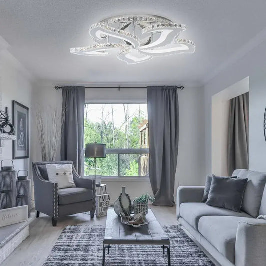 Lustre LED avec télécommande et cristal Alejandro RGB 88W, 5 Fleurs, Lumière Froide/Chaude/Neutre, Dimable, Chrome Brillant