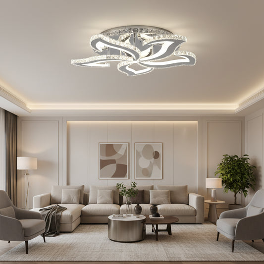 Lustre LED avec télécommande et cristal Alejandro RGB 88W, 5 Fleurs, Lumière Froide/Chaude/Neutre, Dimable, Chrome Brillant