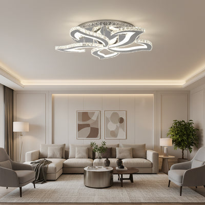 Lustre LED avec télécommande et cristal Alejandro RGB 88W, 5 Fleurs, Lumière Froide/Chaude/Neutre, Dimable, Chrome Brillant