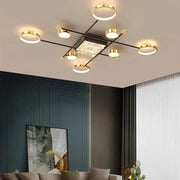 Lustre LED avec télécommande et cristal MISEL 168W, 9 Éléments, Lumière Froide/Chaude/Neutre, Dimmable, Noir Or