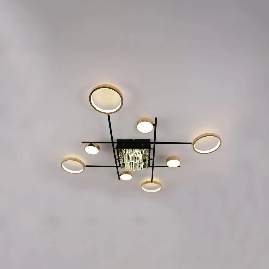Lustre LED avec télécommande et cristal MISEL 168W, 9 Éléments, Lumière Froide/Chaude/Neutre, Dimmable, Noir Or