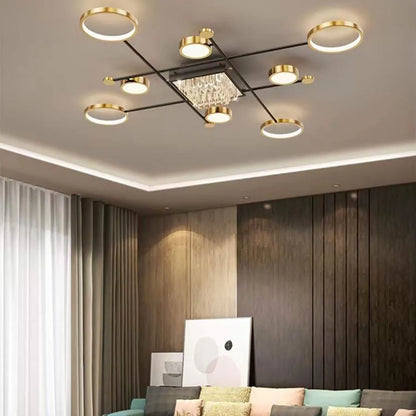 Lustre LED avec télécommande et cristal MISEL 168W, 9 Éléments, Lumière Froide/Chaude/Neutre, Dimmable, Noir Or
