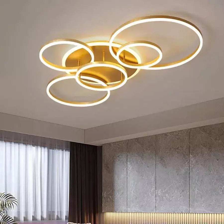Lustre LED avec télécommande LYRA 248W, 5 Cercles, Lumière Froide/Chaude/Neutre, Dimmable, Or Brossé