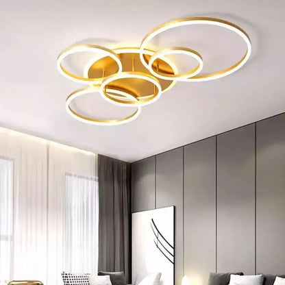 Lustre LED avec télécommande LYRA 248W, 5 Cercles, Lumière Froide/Chaude/Neutre, Dimmable, Or Brossé