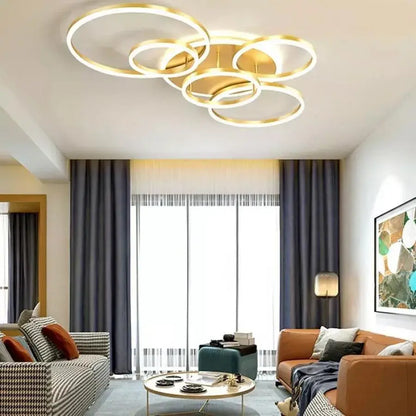 Lustre LED avec télécommande LYRA 248W, 5 Cercles, Lumière Froide/Chaude/Neutre, Dimmable, Or Brossé