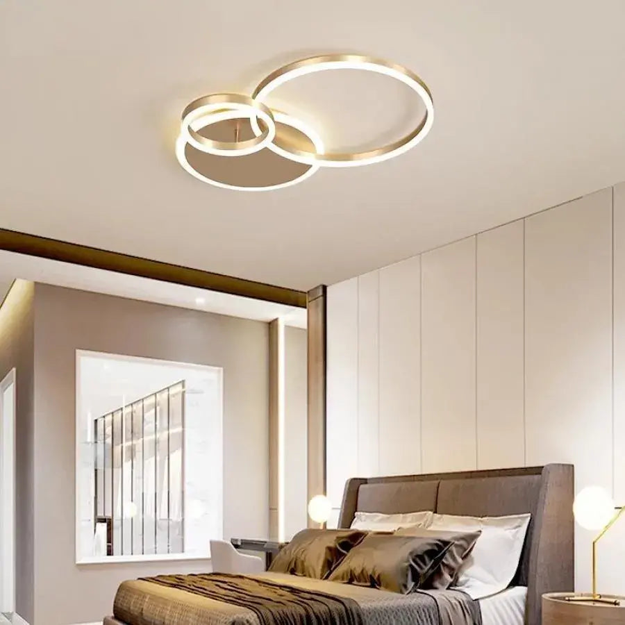 Lustre LED avec télécommande RILIA 100W, 2 Cercles, Lumière Froide/Chaude/Neutre, Dimmable, Or Blanc 