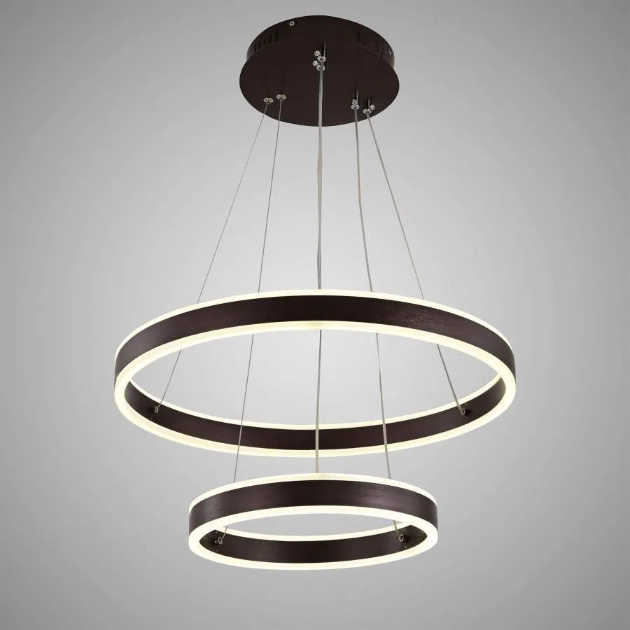 Lustre LED suspendu avec télécommande OLATHE 180W, 2 Cercles, Lumière Froide/Chaude/Neutre, Intensité Variable, Marron, Hauteur Réglable