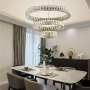 Lustre LED suspendu avec télécommande et cristal TEATRU 36W, 3 Cercles, Lumière Froid/Chaud/Neutre, Dimmable, Chrome Brillant, Hauteur Réglable