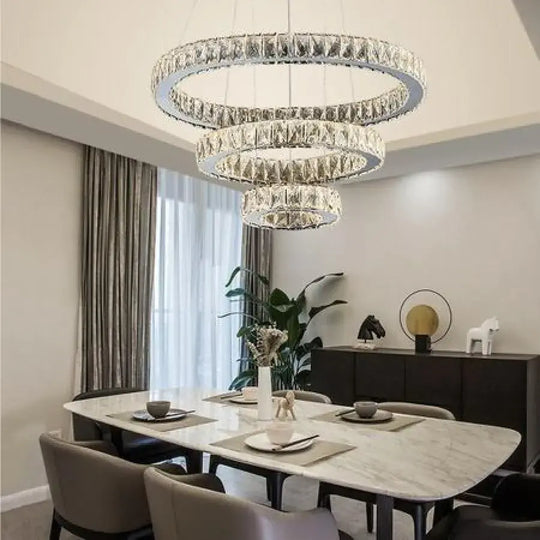 Lustre LED suspendu avec télécommande et cristal TEATRU 36W, 3 Cercles, Lumière Froid/Chaude/Neutre, Dimmable, Chrome Brillant, Hauteur Réglable Lustres LED en Cristal Titre par défaut Alessandro Design