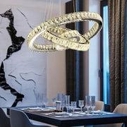 Lustre LED suspendu avec télécommande et cristal TEATRU 36W, 3 Cercles, Lumière Froid/Chaud/Neutre, Dimmable, Chrome Brillant, Hauteur Réglable