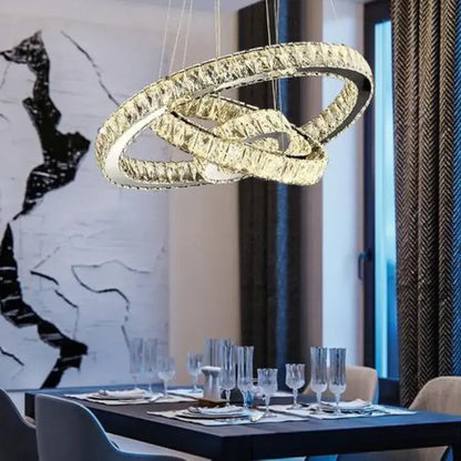 Lustre LED suspendu avec télécommande et cristal TEATRU 36W, 3 Cercles, Lumière Froid/Chaud/Neutre, Dimmable, Chrome Brillant, Hauteur Réglable