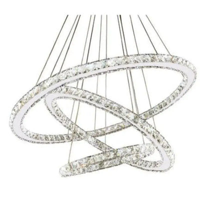 Lustre LED suspendu avec télécommande et cristal TEATRU 36W, 3 Cercles, Lumière Froid/Chaud/Neutre, Dimmable, Chrome Brillant, Hauteur Réglable