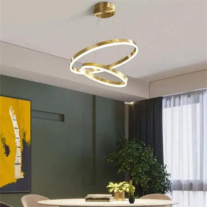 Lustre LED suspendu avec télécommande AZARIAH 112W, 2 Cercles, Lumière Froid/Chaud/Neutre, Dimmable, Or Brillant, Hauteur Réglable