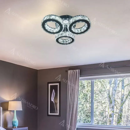 Lustre LED avec télécommande et cristal TIMOTEI 30W, 3 Cercles, Lumière Froid/Chaud/Neutre, Gradable, Chrome Noir Brillant