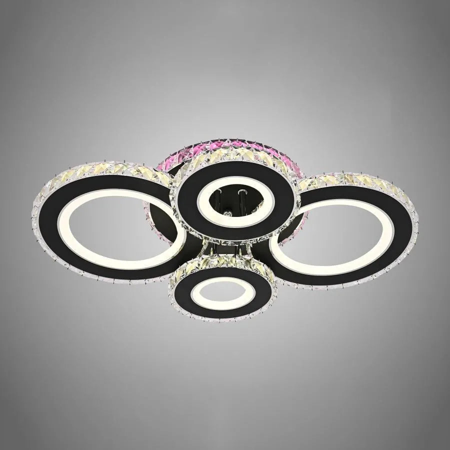 Lustre LED avec télécommande et cristal MEILI ZAFINA RGB 136W, 4 Cercles, Lumière Froid/Chaud/Neutre, Dimmable, Noir