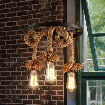 Lustre roue, 3*E27, marron, métal et ficelle