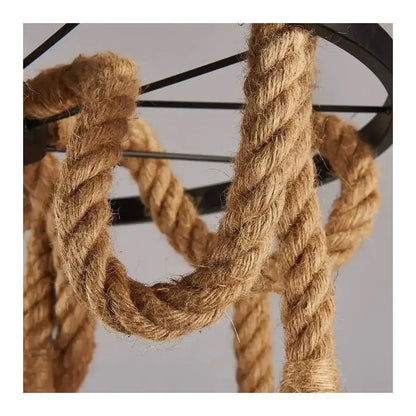 Lustre roue, 3*E27, marron, métal et ficelle