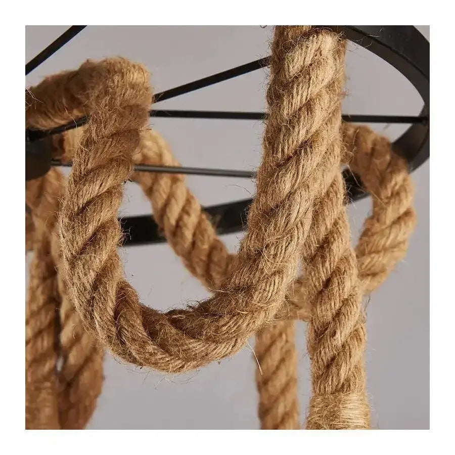 Lustre roue, 3*E27, marron, métal et ficelle