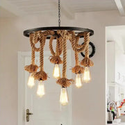 Lustre à roue, 6 x E27, marron, métal/ficelle