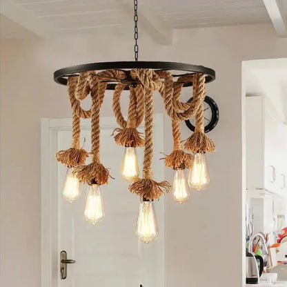 Lustre à roue, 6 x E27, marron, métal/ficelle