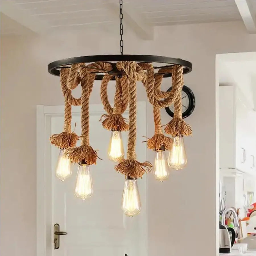 Lustre à roue, 6 x E27, marron, métal/ficelle