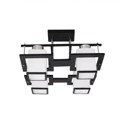 Lustre classique Aramis en bois, abat-jour carré, douille 4 X E27, blanc/noir