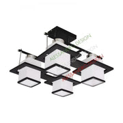 Lustre classique Aramis en bois, abat-jour carré, douille 4 X E27, blanc/noir