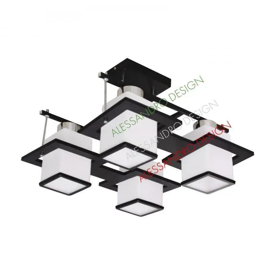 Lustre classique Aramis en bois, abat-jour carré, douille 4 X E27, blanc/noir