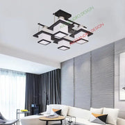 Lustre classique Aramis en bois, abat-jour carré, douille 4 X E27, blanc/noir