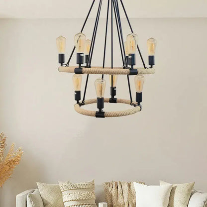 Lustre rustique, 10*E27, marron, métal et ficelle