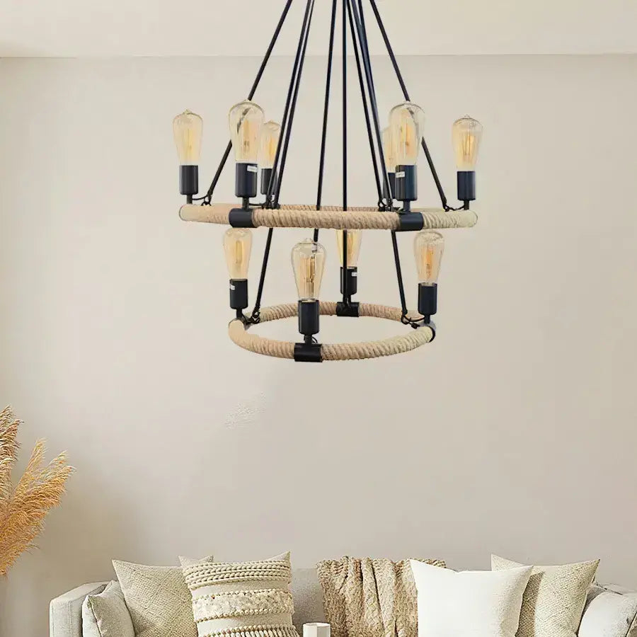 Lustre rustique, 10*E27, marron, métal et ficelle