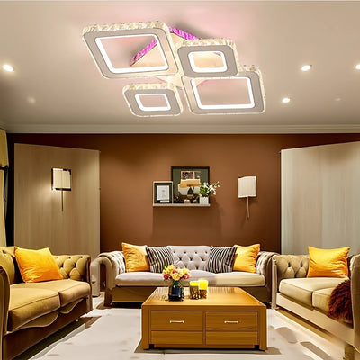 Lustre LED avec télécommande et cristal TERRANO RGB 162W, 4 Carrés, Lumière Froid/Chaud/Neutre, Dimmable, Chrome Blanc Brillant