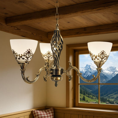 Lustre VINTAGE, Type suspension, COTTAGE, Circulaire, 3xE27, Verre et Métal, Bronze