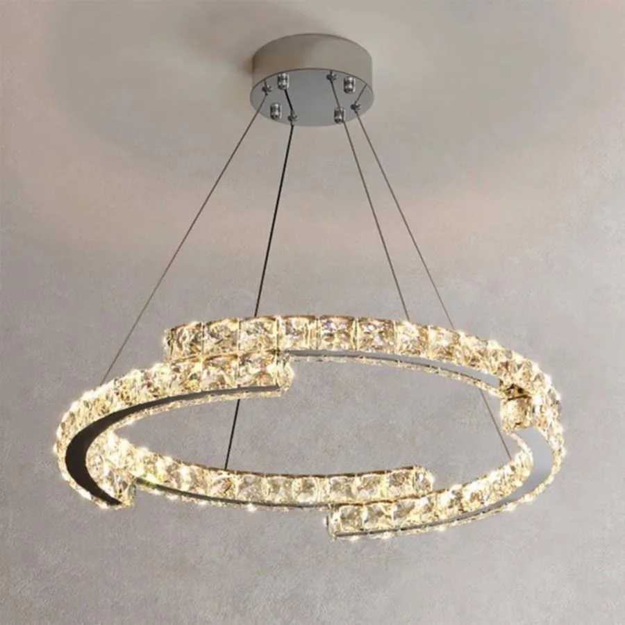 Lustre LED suspendu avec télécommande et cristal MIA Yonca, 34W, 1 Cercle, Lumière Froid/Chaud/Neutre, Dimmable, Chrome Brillant