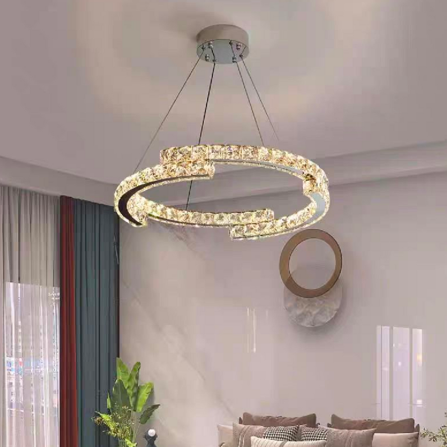 Lustre LED suspendu avec télécommande et cristal MIA Yonca, 34W, 1 Cercle, Lumière Froid/Chaud/Neutre, Dimmable, Chrome Brillant