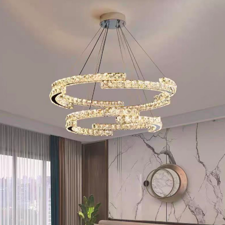 Lustre LED suspendu avec télécommande et cristal MIA LATIFAH 55W, 2 Cercles, Lumière Froid/Chaud/Neutre, Dimmable, Chrome Brillant, Hauteur Réglable