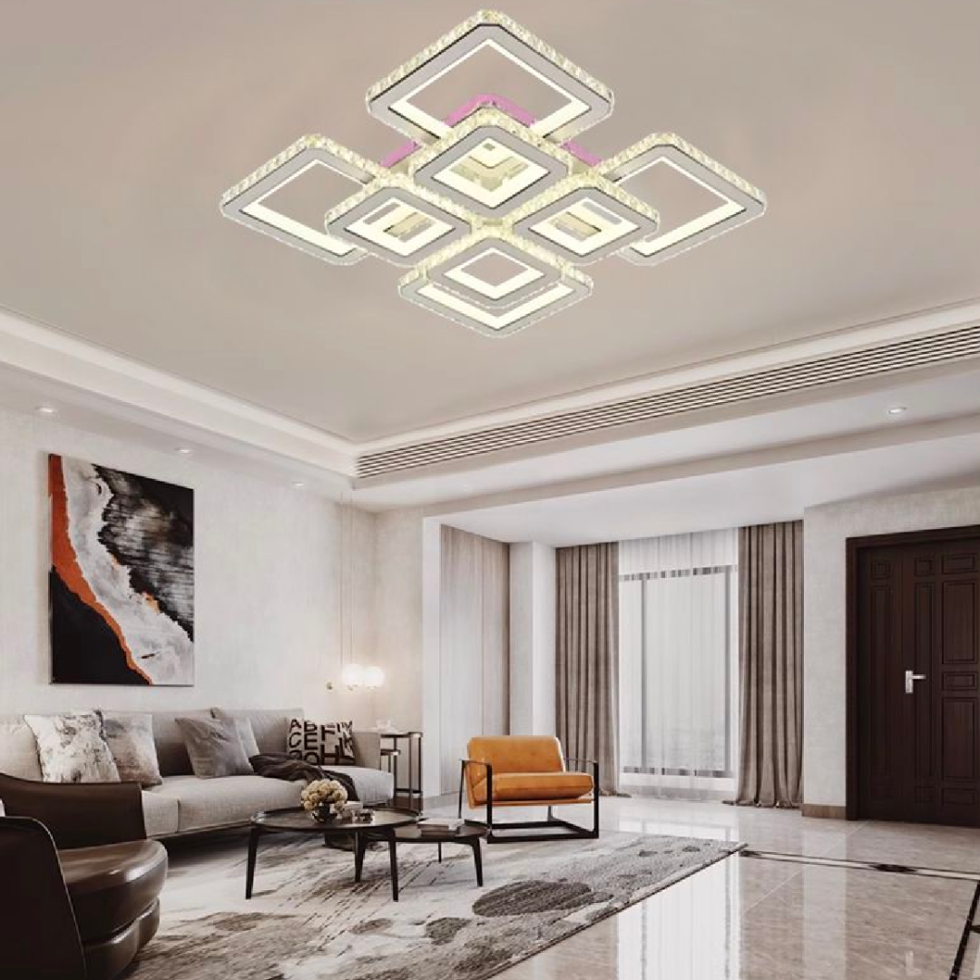 Lustra LED cu telecomanda si cristal LEILA 175W, 8 Patrate, lumina Rece/Calda/Neutra, Dimabila, Alb Crom Lucios Lustre LED cu Telecomanda Default Title Alessandro Design